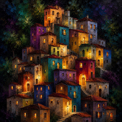 Village coloré illuminé de nuit dans une atmosphère féérique et chaleureuse
