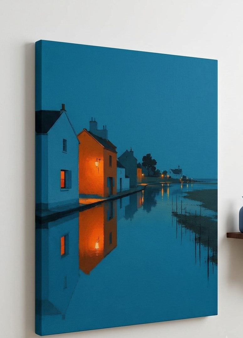 Tableau représentant un village côtier contemporain baigné par la lumière du crépuscule
