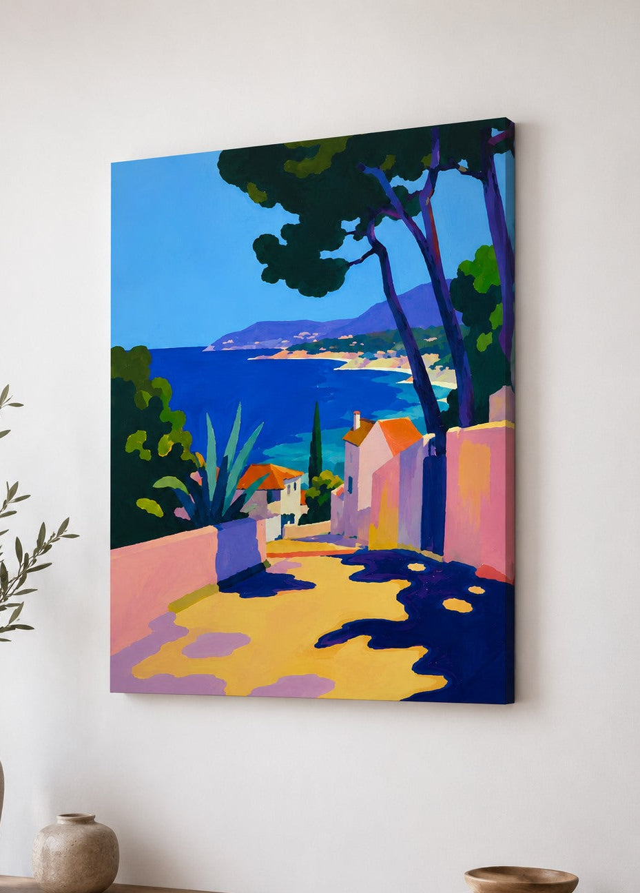 Tableau contemporain représentant un village méditerranéen face à la mer
