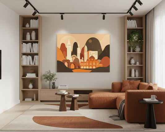Tableau ville iconique imaginaire en situation dans un intérieur moderne
