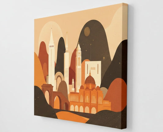 Tableau ville iconique imaginaire imprimé sur toile sur châssis bois
