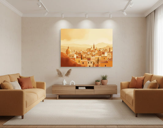 Tableau ville méditerranéenne en situation dans un intérieur lumineux
