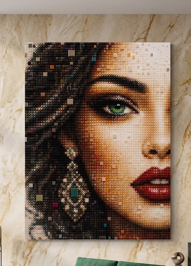 Décoration murale portrait féminin mosaïque pour intérieur contemporain et élégant
