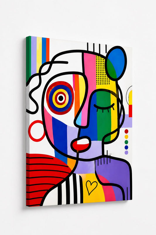 Décoration murale portrait moderne aux formes graphiques et couleurs vibrantes
