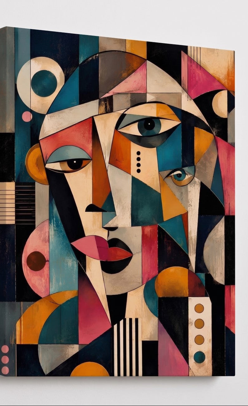 Tableau visage géométrique moderne composé de formes colorées et de regards superposés
