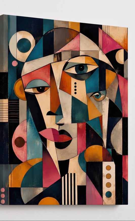 Tableau visage géométrique moderne composé de formes colorées et de regards superposés
