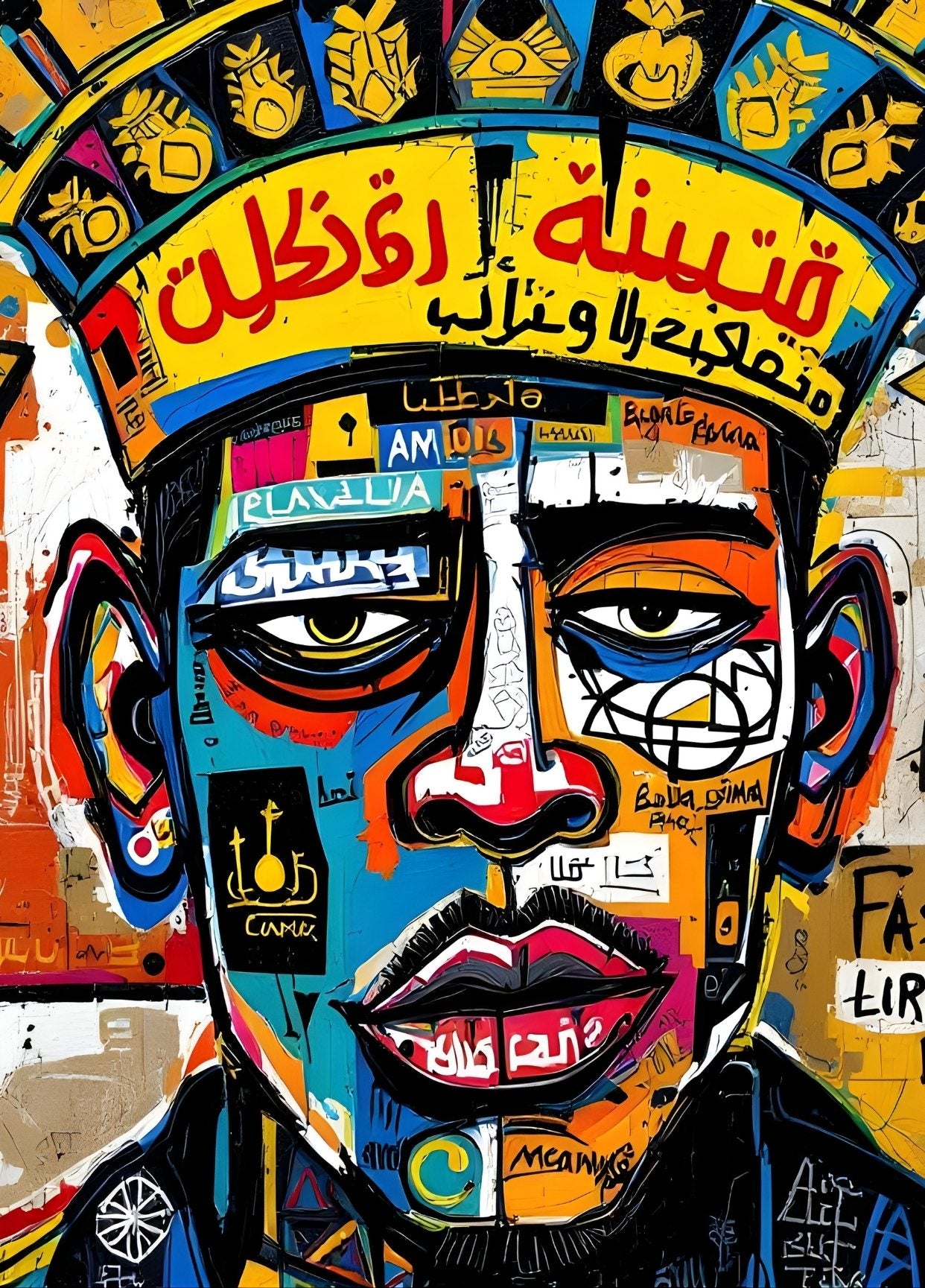 Tableau visage street art coloré avec portrait graffiti moderne et influences Basquiat
