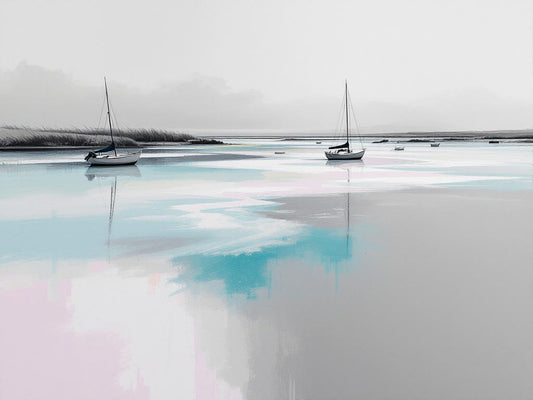 Tableau voiliers lagune pastel reflets turquoise et rosés, création exclusive Iconik-Art.
