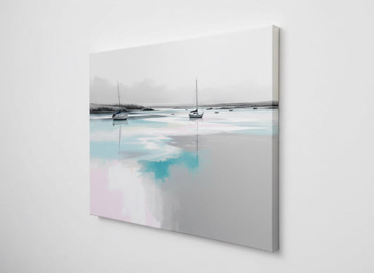 Vue de profil du tableau Voiliers Lagune sur toile châssis, détails des dégradés pastel et impression haute qualité.
