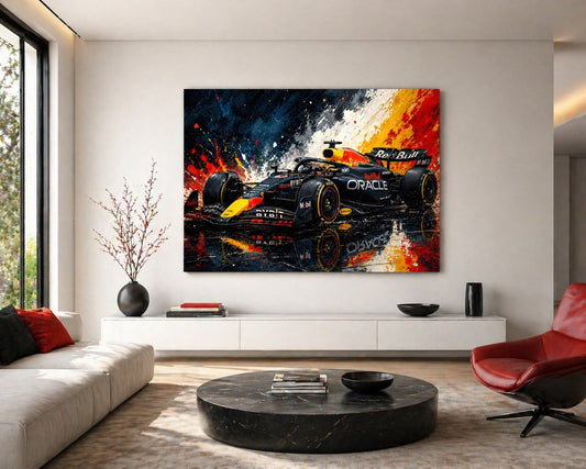 Tableau voiture Formule 1 design contemporain avec contrastes noir rouge et reflets brillants
