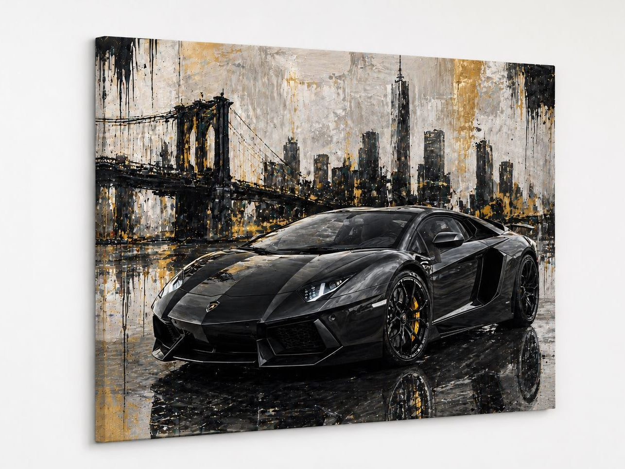 Décoration murale automobile avec supercar Lamborghini et skyline artistique
