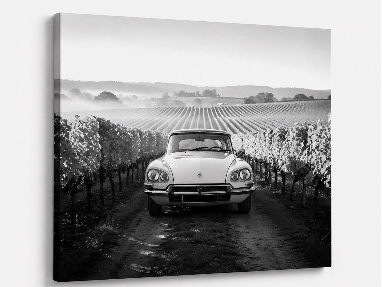 Tableau voiture vintage noir et blanc Citroën DS face avant dans décor naturel campagne
