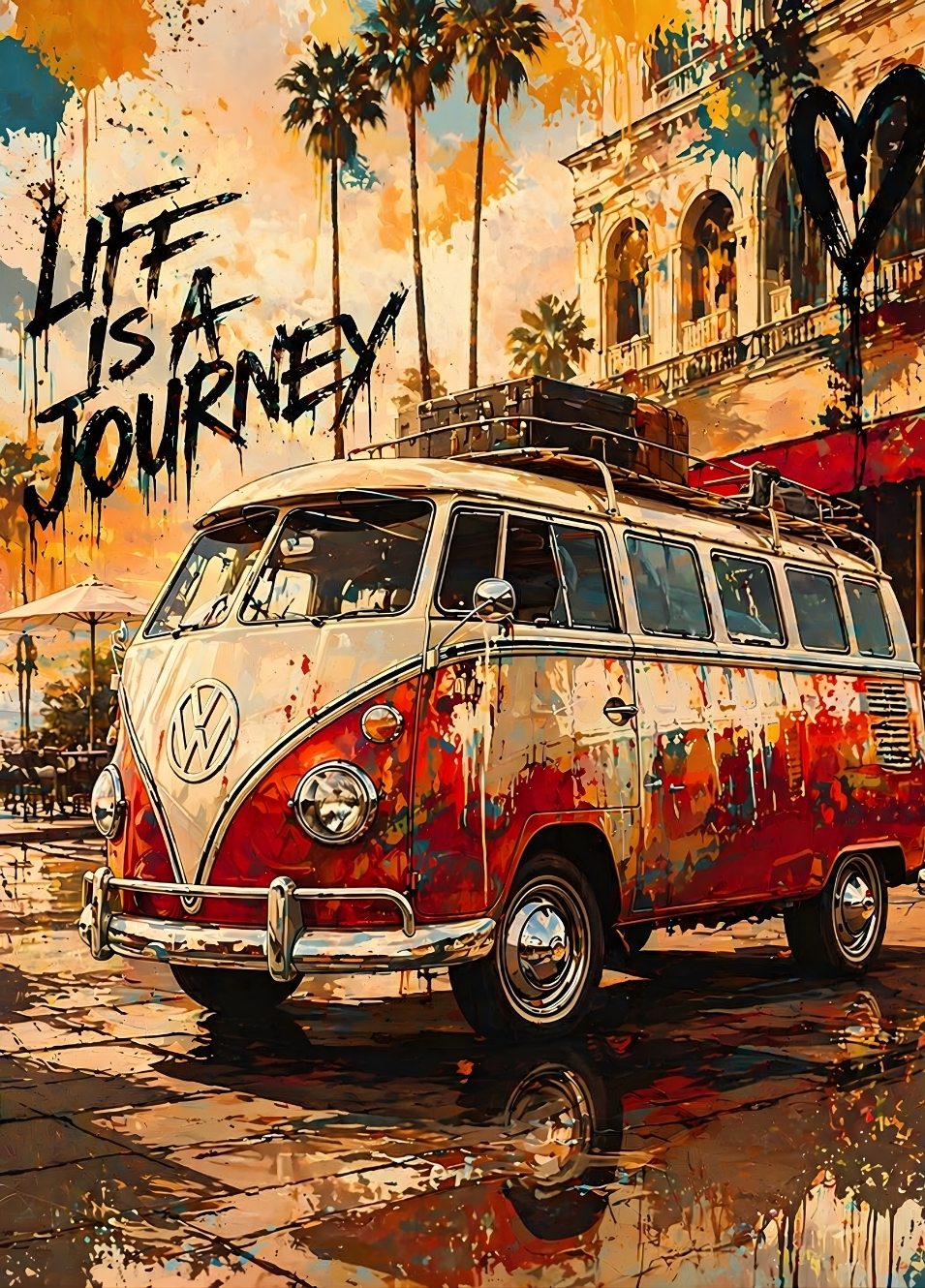 Tableau Volkswagen Combi street art avec couleurs vives et message life is a journey
