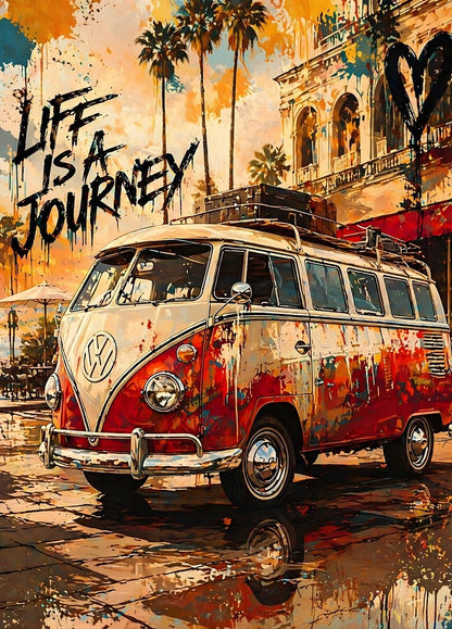 Tableau Volkswagen Combi street art avec couleurs vives et message life is a journey
