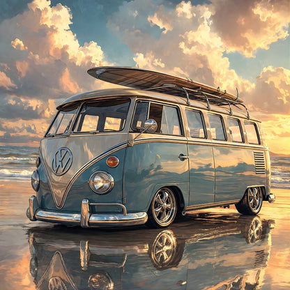 Tableau Volkswagen Combi surf sur plage coucher de soleil reflets mer ambiance vintage
