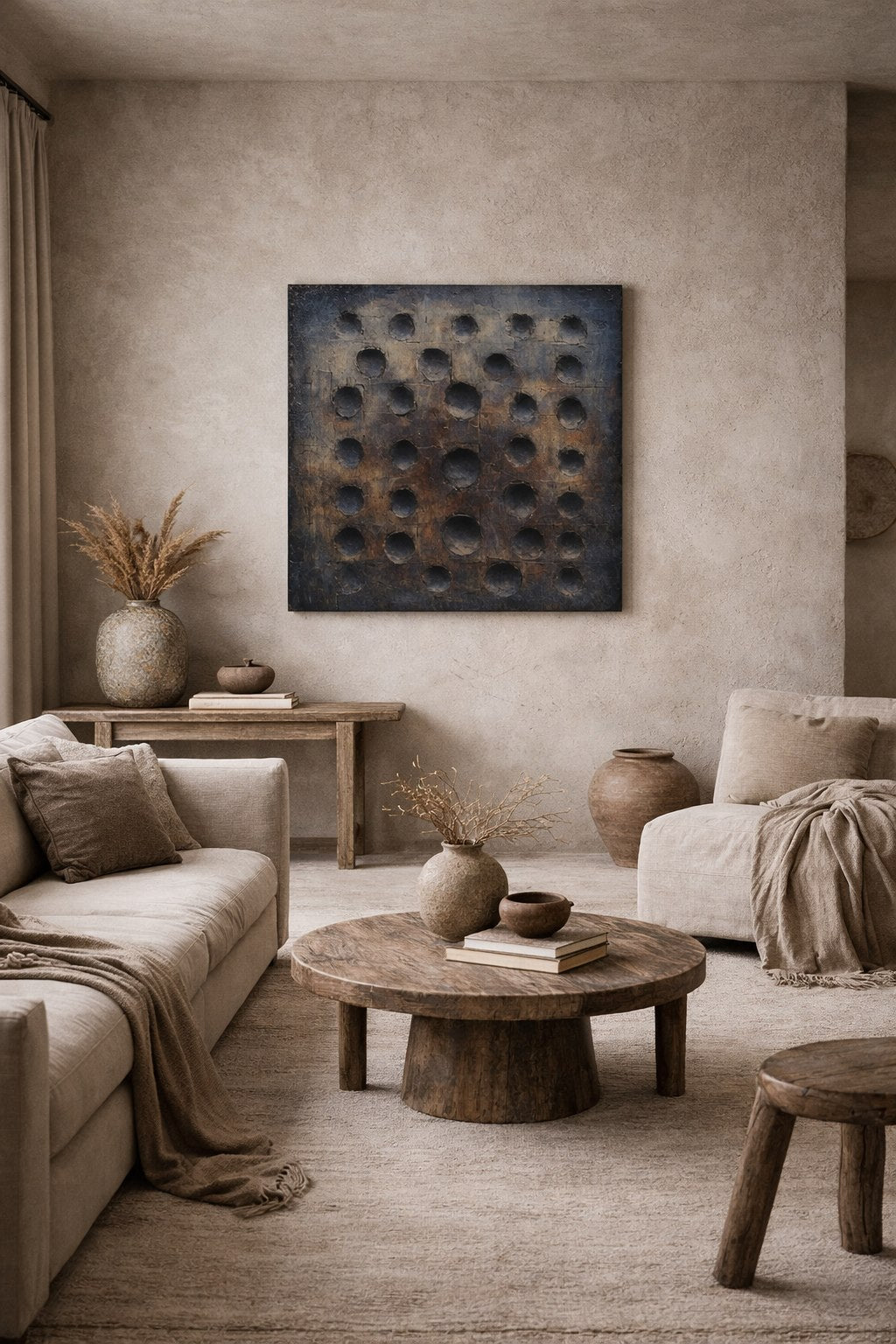 Tableau abstrait wabi sabi accroché dans salon minimaliste contemporain
