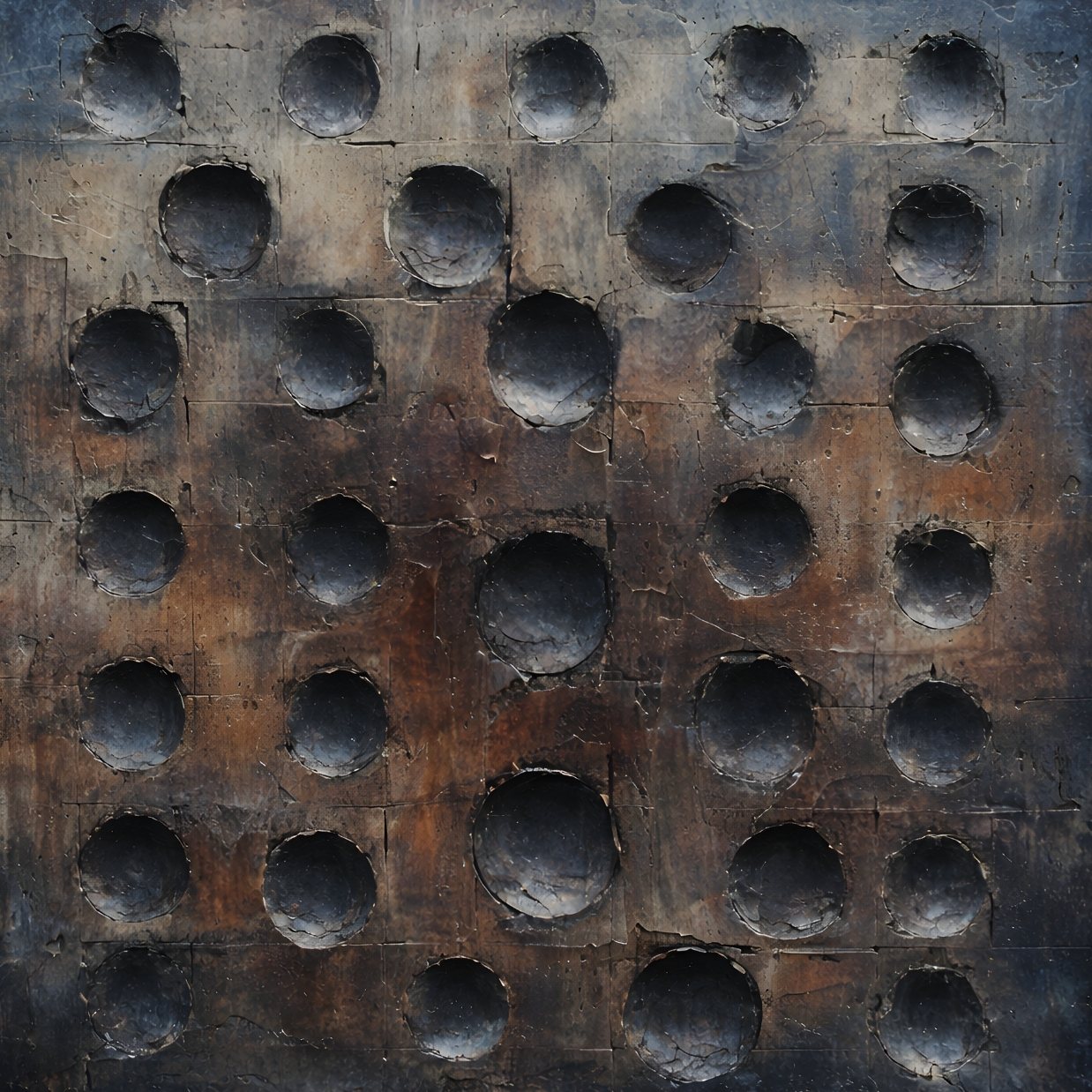 Tableau abstrait wabi sabi avec reliefs circulaires et texture minérale patinée
