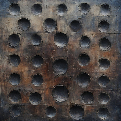 Tableau abstrait wabi sabi avec reliefs circulaires et texture minérale patinée
