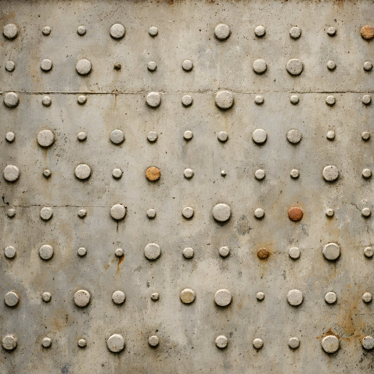 Tableau abstrait matière béton avec empreintes circulaires texture architecturale contemporaine
