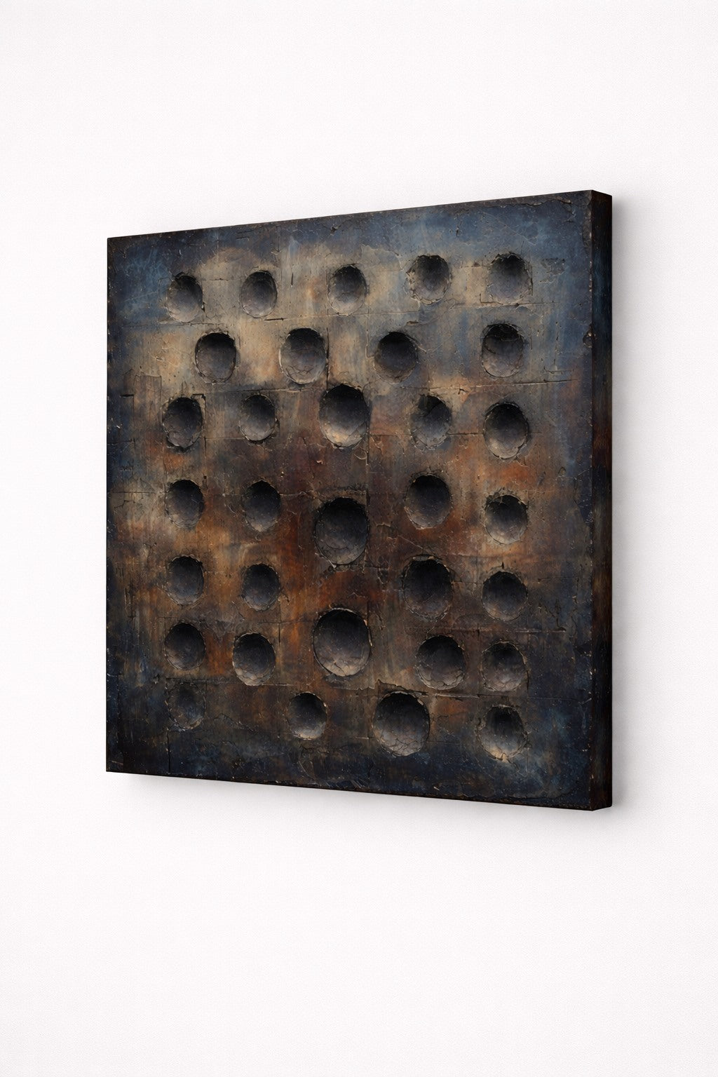 Vue toile tableau abstrait wabi sabi texture minérale contemporaine
