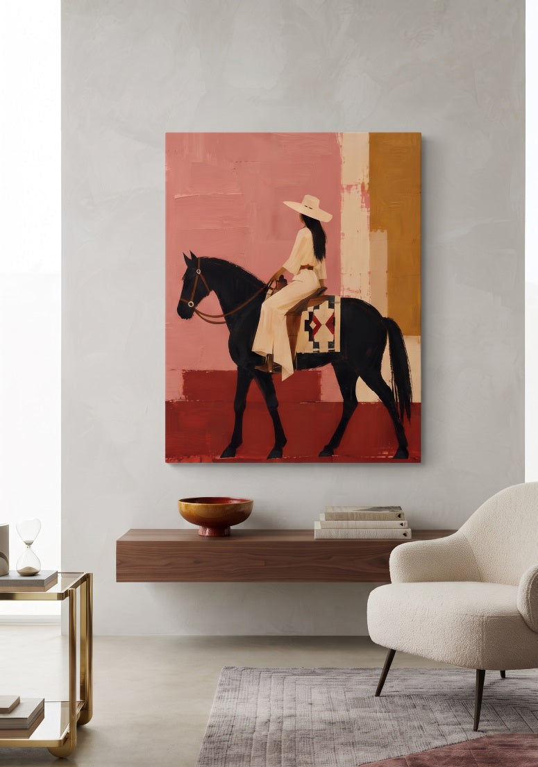 Tableau femme à cheval exposé dans un salon bohème chic, décoration western aux couleurs chaleureuses
