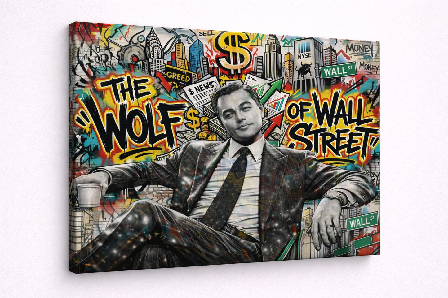 Tableau contemporain street art détails financiers graphiques urbains colorés dynamiques

