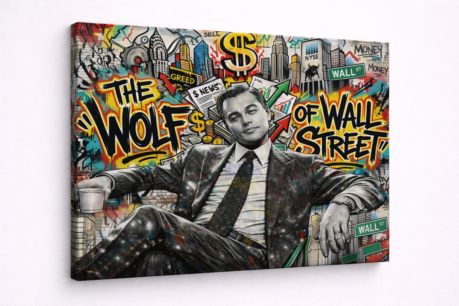 Tableau contemporain street art détails financiers graphiques urbains colorés dynamiques
