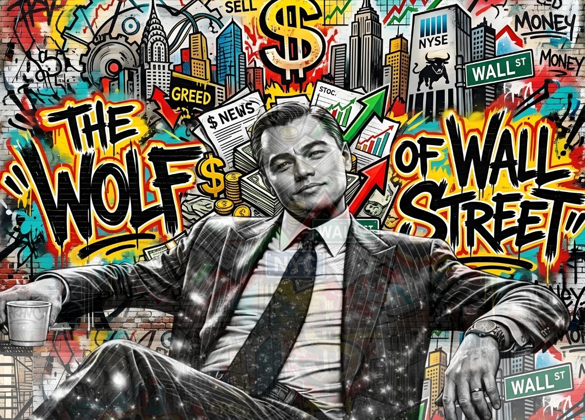 Tableau pop art street art inspiré univers Wall Street avec Leonardo Di Caprio noir blanc et fond graffiti coloré
