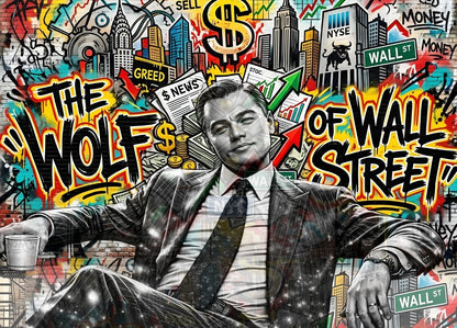 Tableau pop art street art inspiré univers Wall Street avec Leonardo Di Caprio noir blanc et fond graffiti coloré
