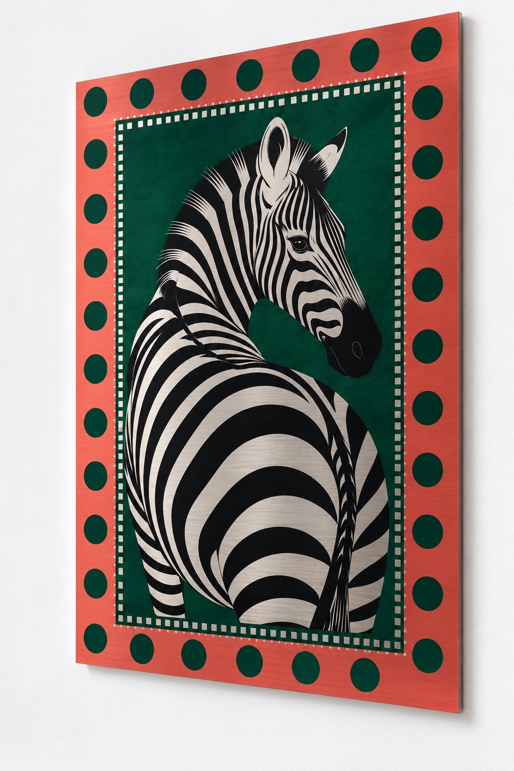 Tableau zèbre moderne sur aluminium brossé, portrait animalier stylisé avec motifs géométriques
