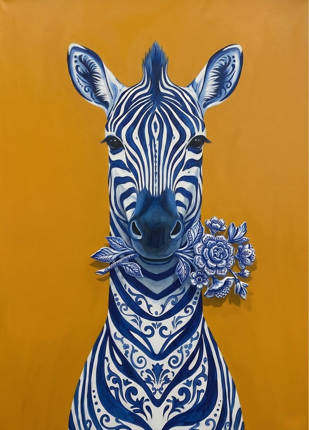 Tableau zèbre contemporain bleu et blanc inspiré des porcelaines de Delft sur fond jaune lumineux
