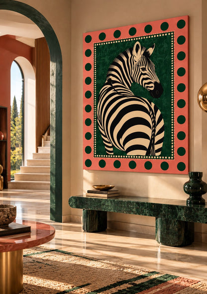 Tableau zèbre Zebra Chic exposé dans un salon contemporain à la décoration élégante et colorée
