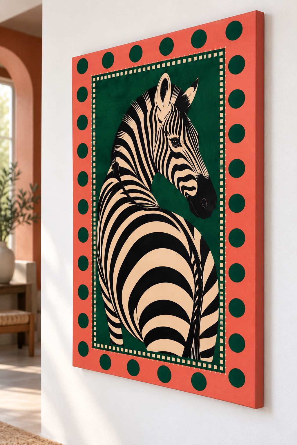 Tableau sur toile zèbre graphique, illustration animalière rétro aux couleurs vert et rose corail
