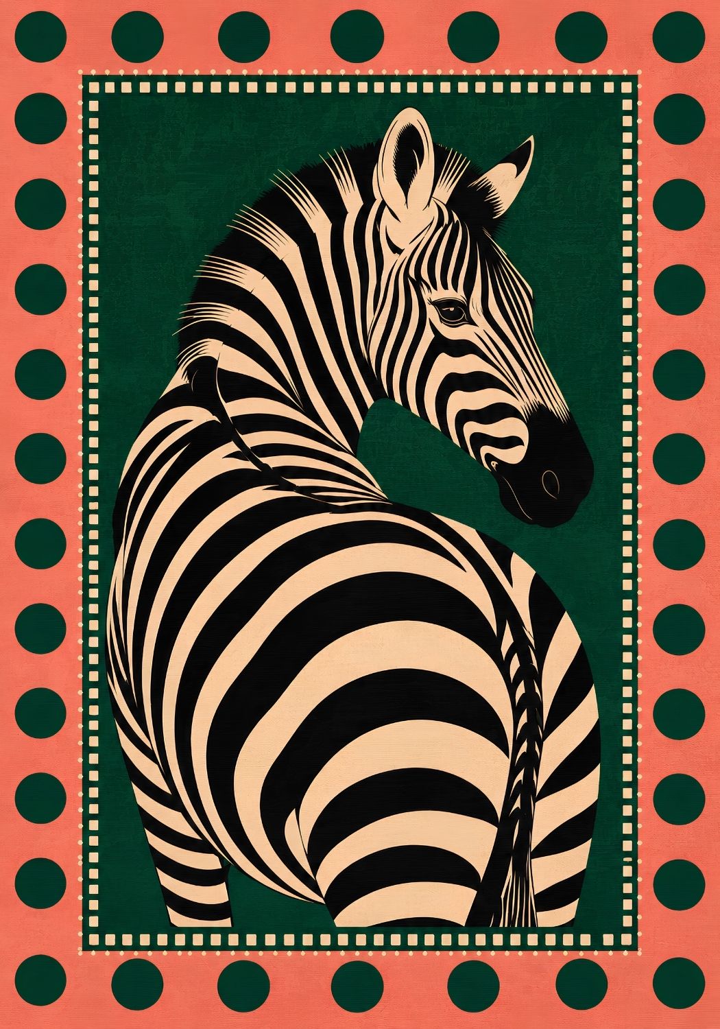 Tableau zèbre moderne Zebra Chic, animal rayé noir et ivoire sur fond vert forêt avec bordure rose à pois
