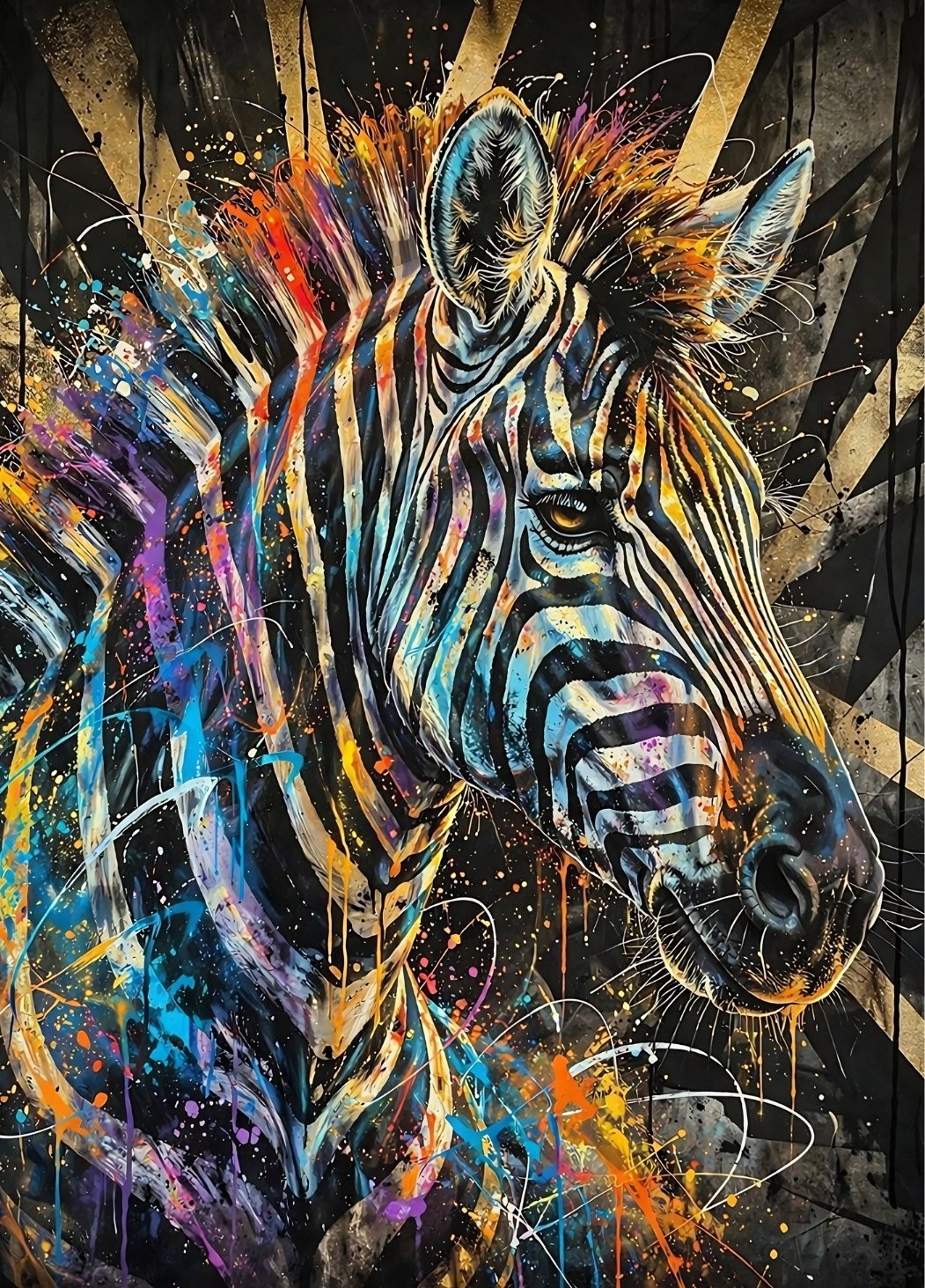 Tableau zèbre street art coloré avec projections de peinture et ambiance graffiti moderne
