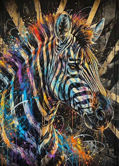 Tableau zèbre street art coloré avec projections de peinture et ambiance graffiti moderne
