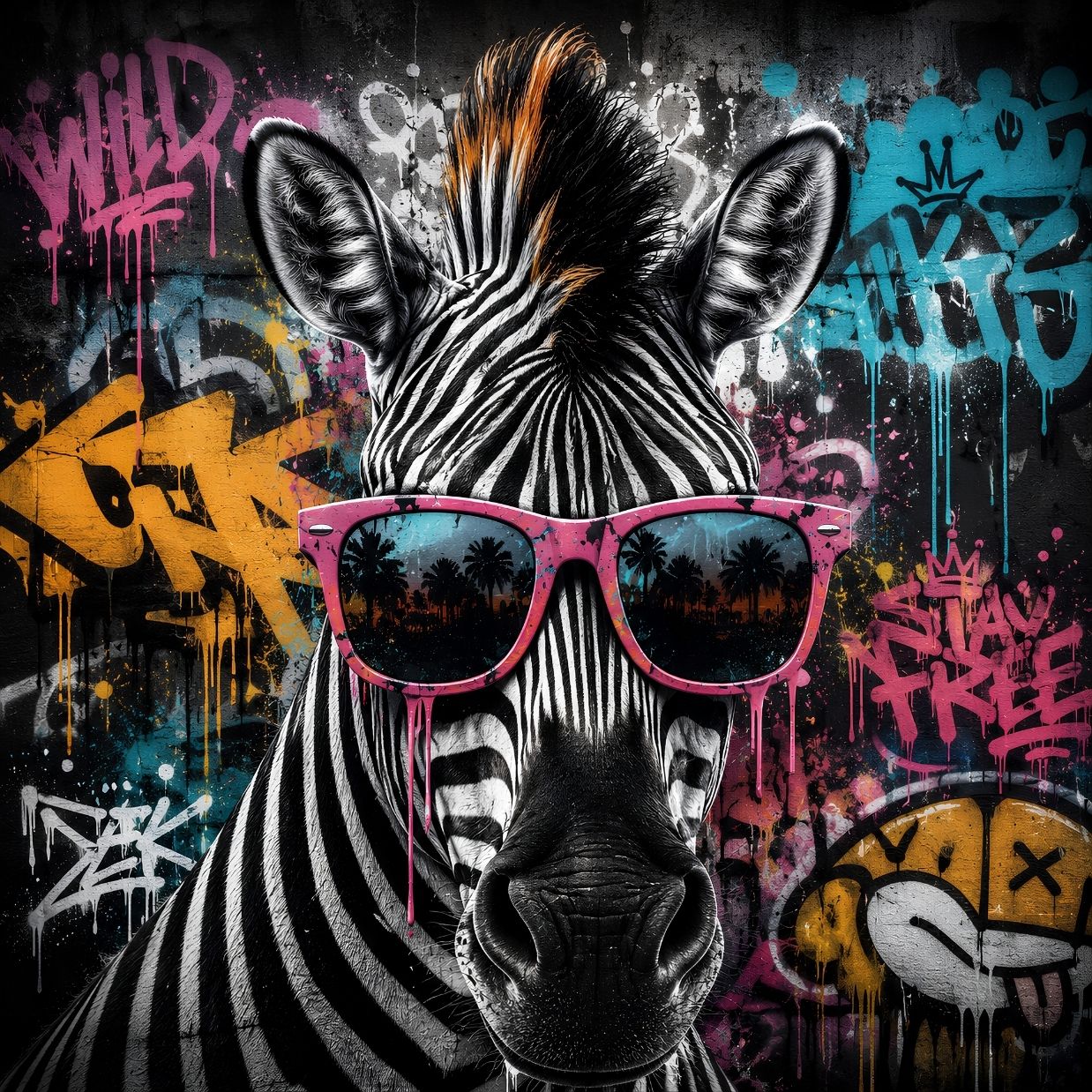 Zèbre stylisé portant des lunettes roses dans un univers graffiti coloré et contemporain
