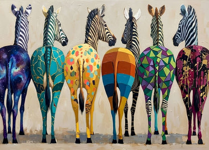 Tableau zèbres colorés aux motifs graphiques contemporains dans un univers pop art moderne

