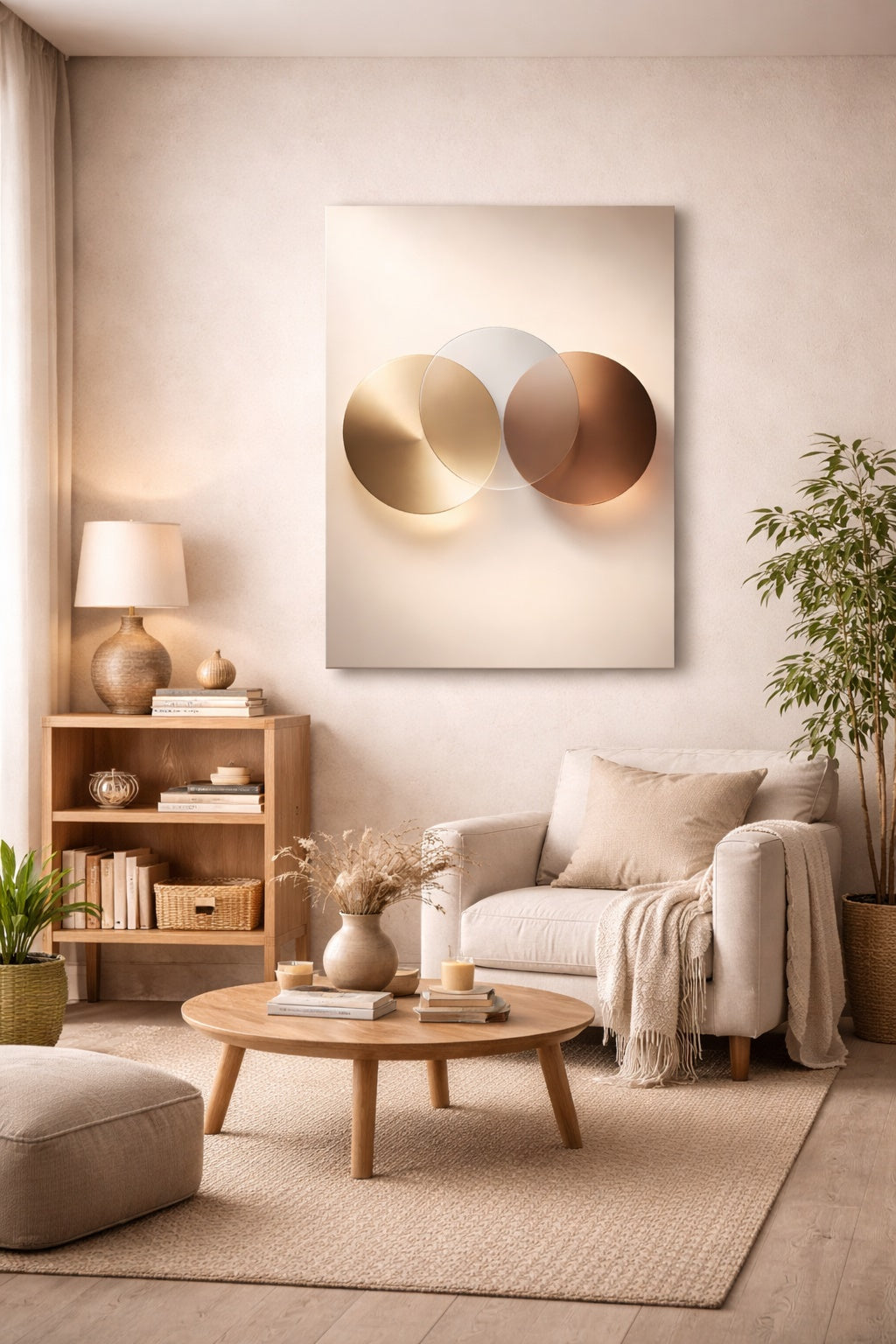 Tableau mural abstrait cercles dorés pour salon contemporain
