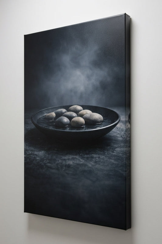 Vue de profil toile zen galets sur châssis minimaliste
