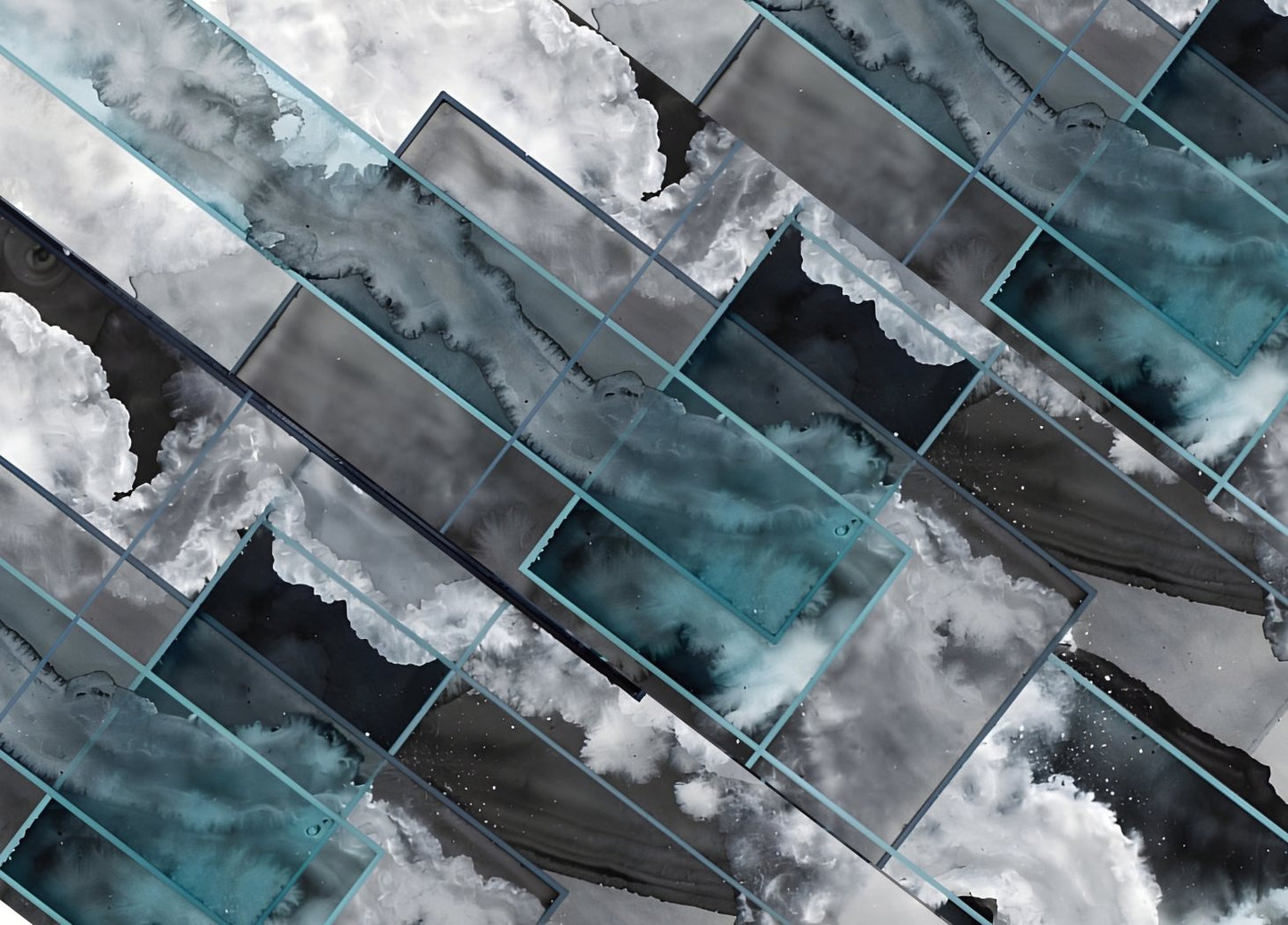 Tableau abstrait moderne avec formes géométriques et textures bleu gris effet marbre
