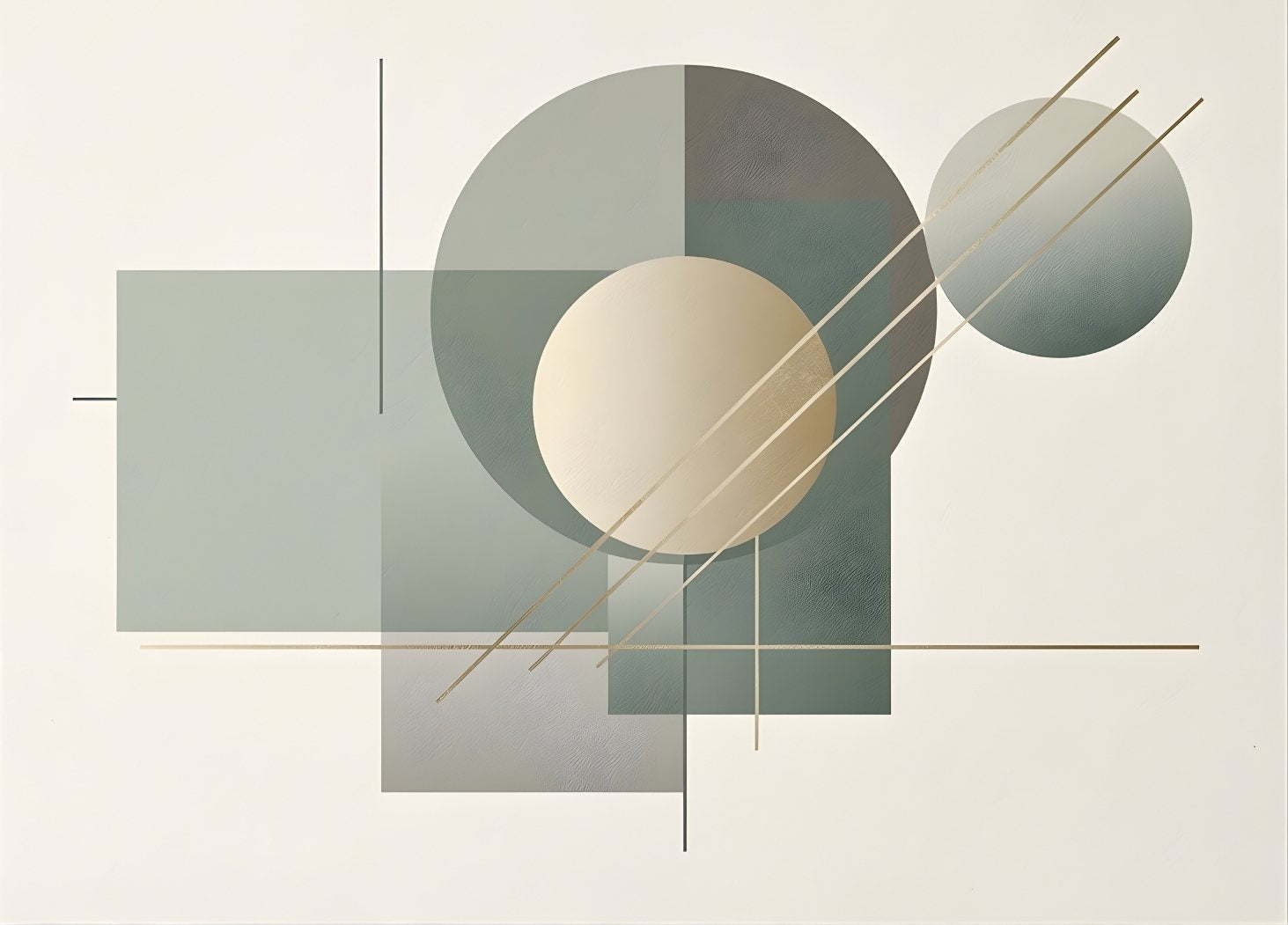 Tableau abstrait géométrique moderne avec formes circulaires et lignes fines beige et vert
