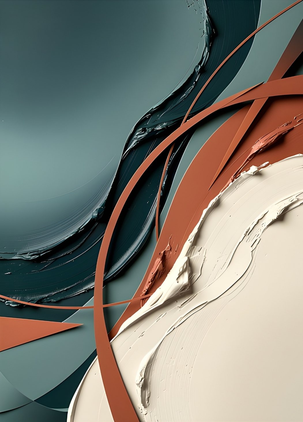 Tableau abstrait moderne terracotta et bleu avec formes organiques et textures épaisses
