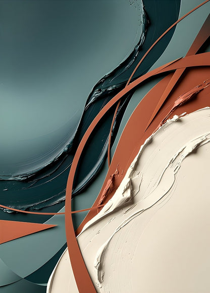 Tableau abstrait moderne terracotta et bleu avec formes organiques et textures épaisses
