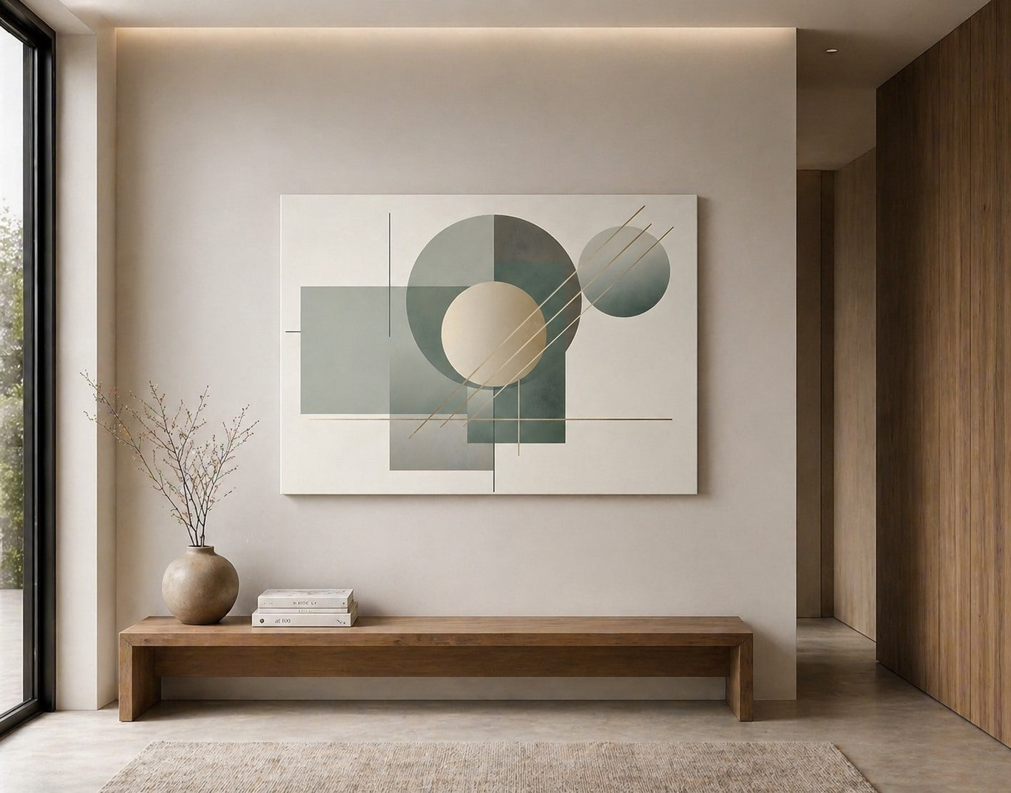 Tableau moderne vert géométrique avec composition équilibrée et lignes élégantes

