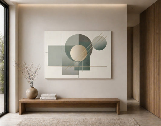 Tableau moderne vert géométrique avec composition équilibrée et lignes élégantes
