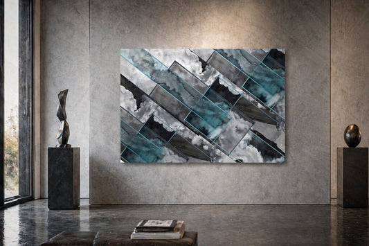 Tableau contemporain abstrait avec nuances froides et textures minérales élégantes
