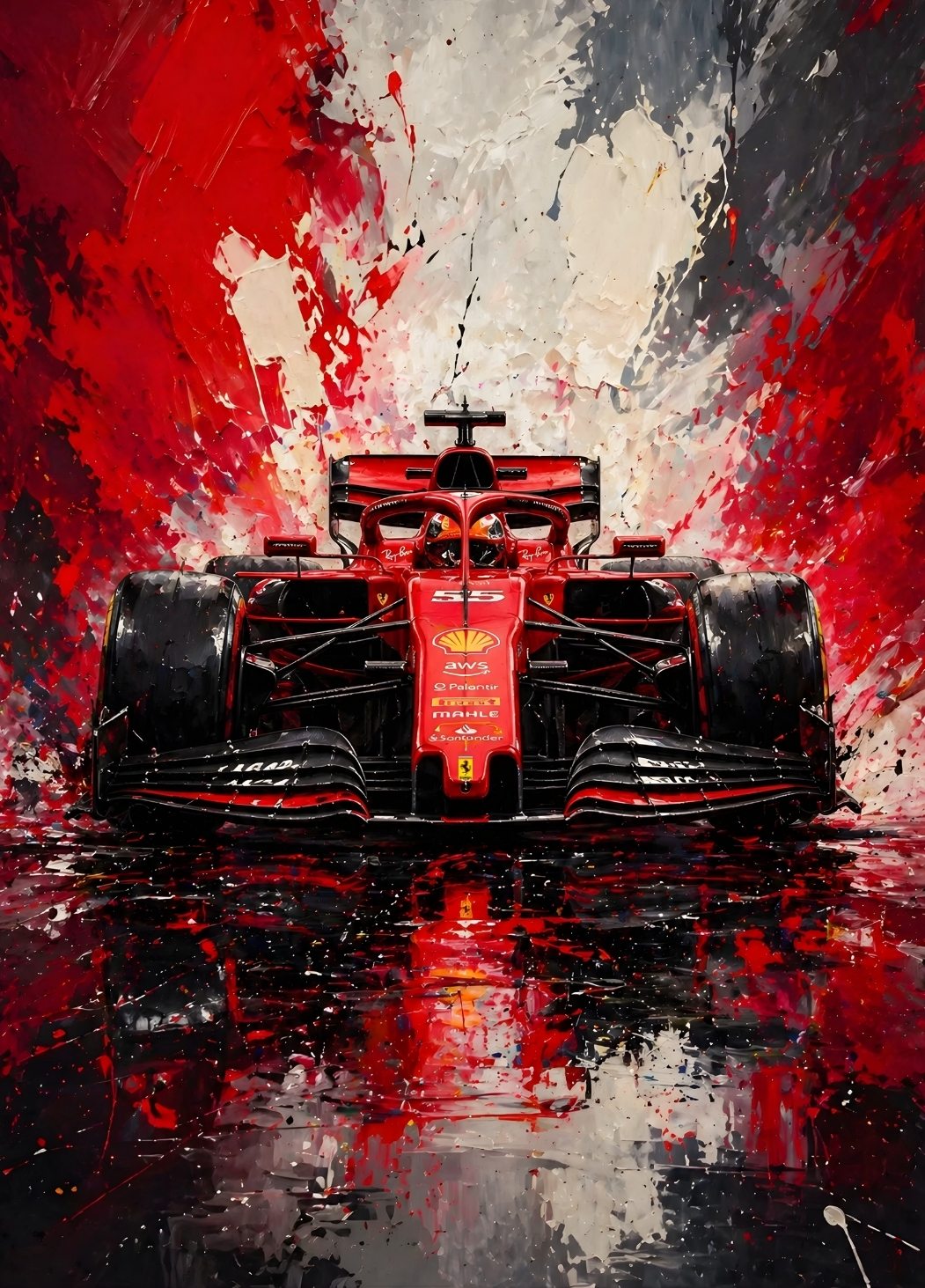 Tableau Ferrari Formule 1 rouge avec explosion de peinture et monoplace iconique
