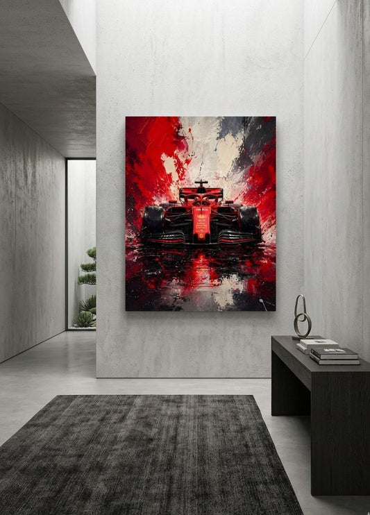 Tableau voiture Ferrari sport design contemporain avec reflet et ambiance dynamique
