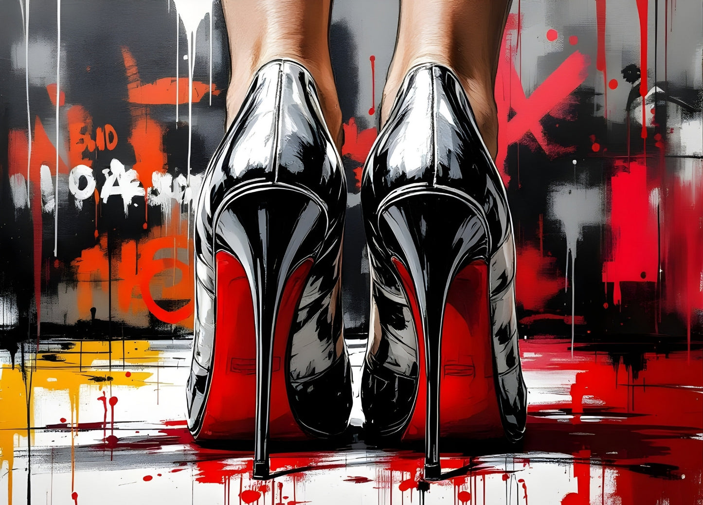 Tableau moderne talons noirs semelle rouge style pop art urbain
